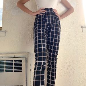 black & white straight leg pants with grid pattern